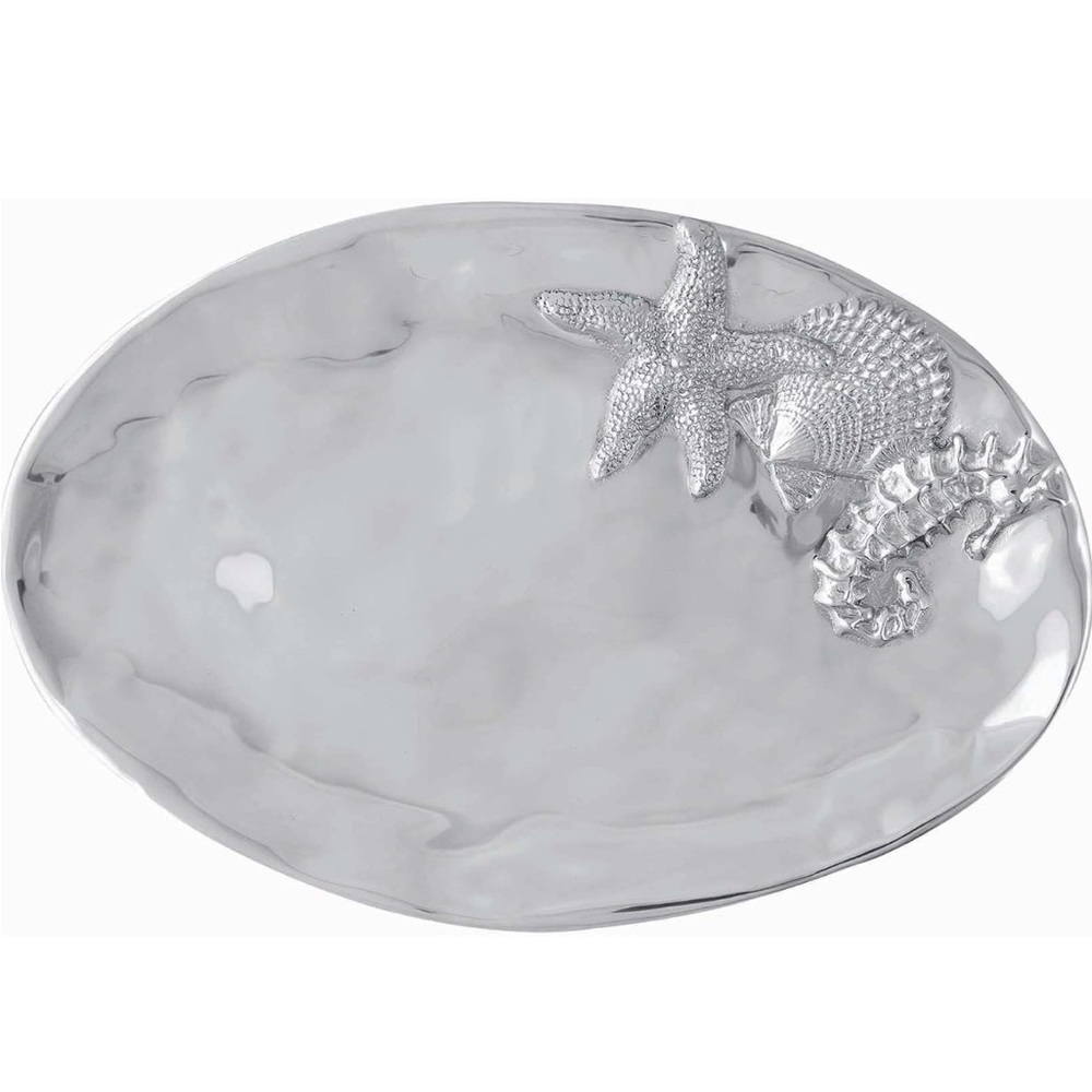 Mariposa Oval Sea Server Aluminum Serving Tray Silver Shell Starfish Seahorse